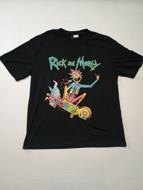Rick and Morty Mens Size L  Black Graphic Tee with Neon Skate Design
